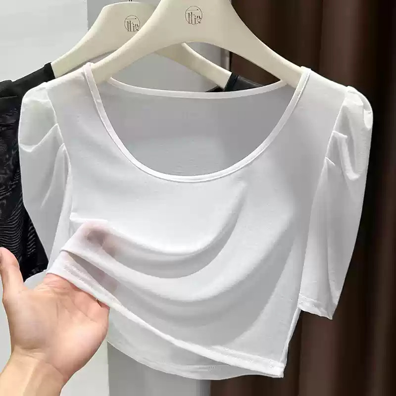 薄款短款圆领套头上衣夏泡泡袖网纱短袖T恤女白色打底内搭可外穿