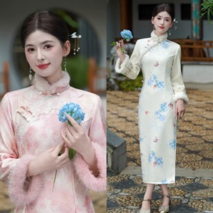 清荷绒高端绝美秋冬款改良版长袖旗袍女新中式加绒加厚日常可穿