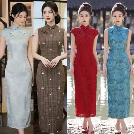 孔雀蓝国风改良旗袍礼服年轻款蚀骨减龄长款2026年新高档绝美少女