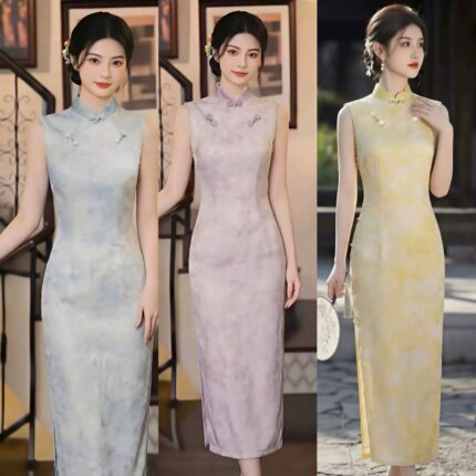 黄色无袖新中式长款改良旗袍2026新款年轻款少女复古修身掐腰夏季