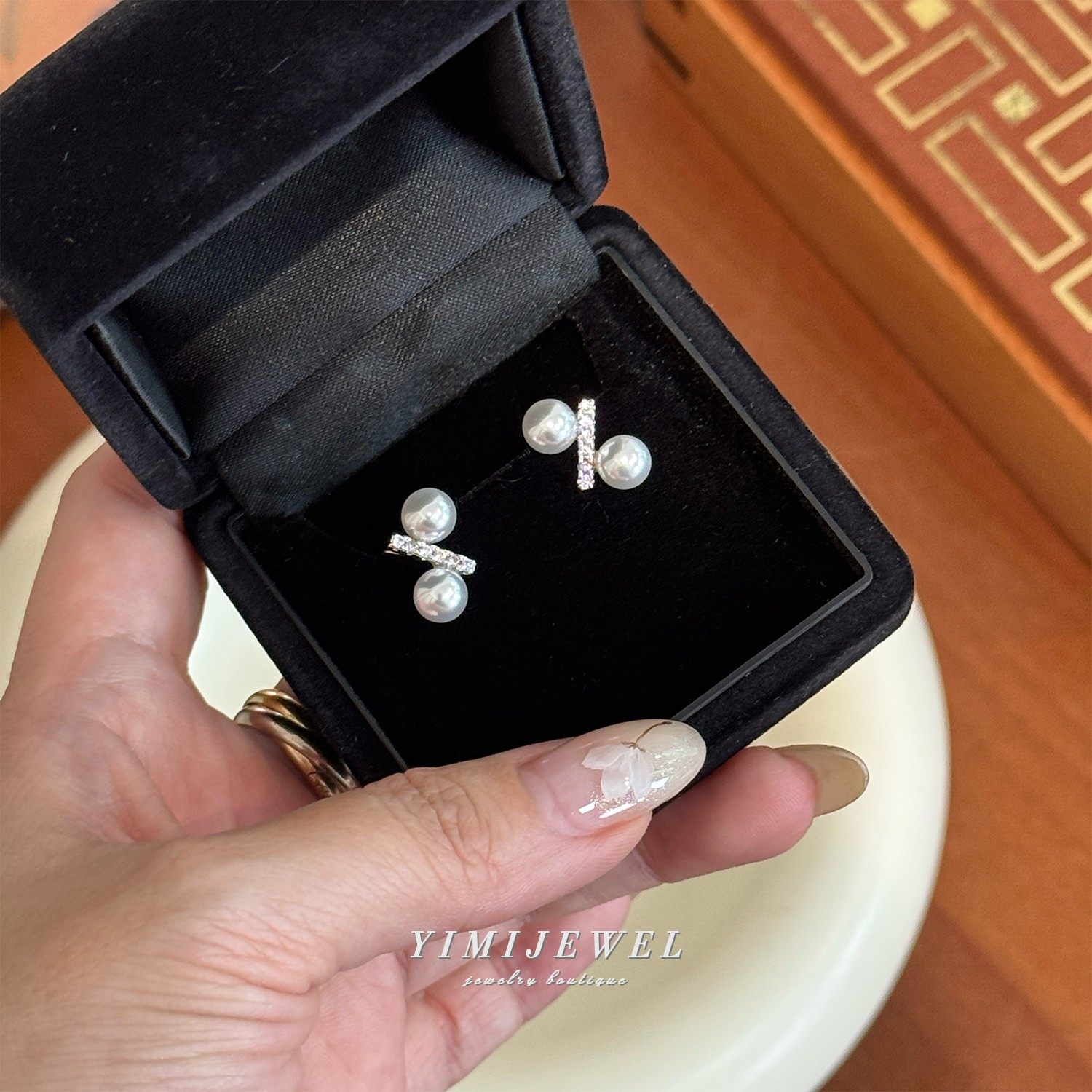 独特百分号珍珠耳钉纯银女