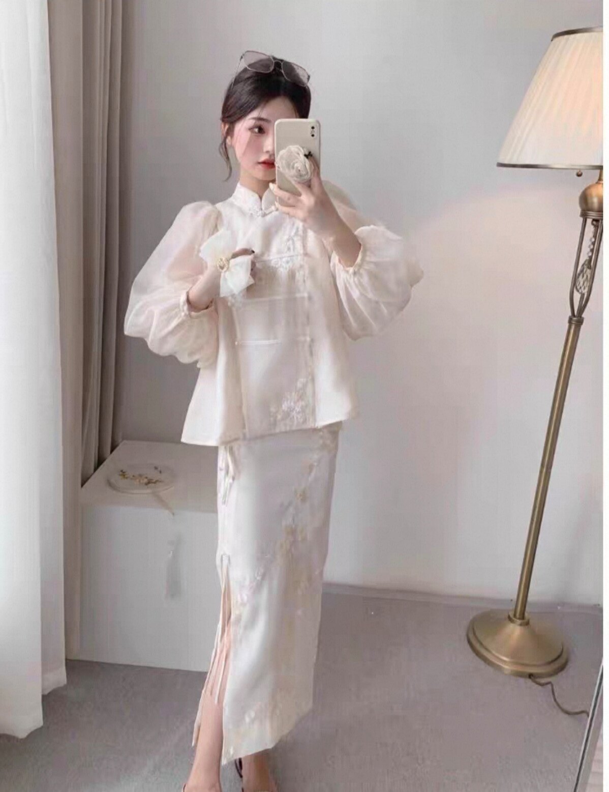 女春夏长袖立领盘扣国风旗袍套装刺绣珍珠泡泡袖衬衫开叉长裙包邮