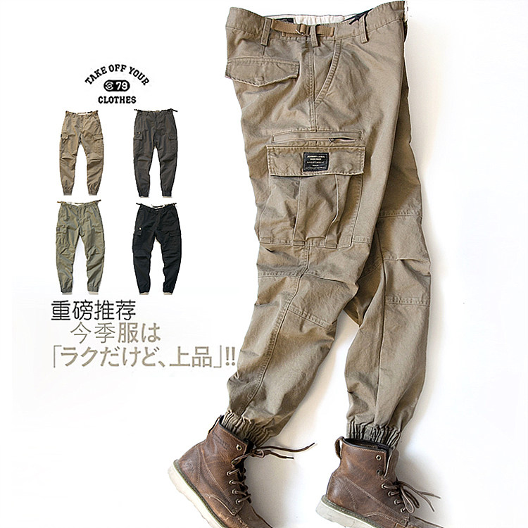 秋冬纯棉多口袋侧袋全棉工装休闲长裤潮男厚做旧水洗收口束脚慢跑