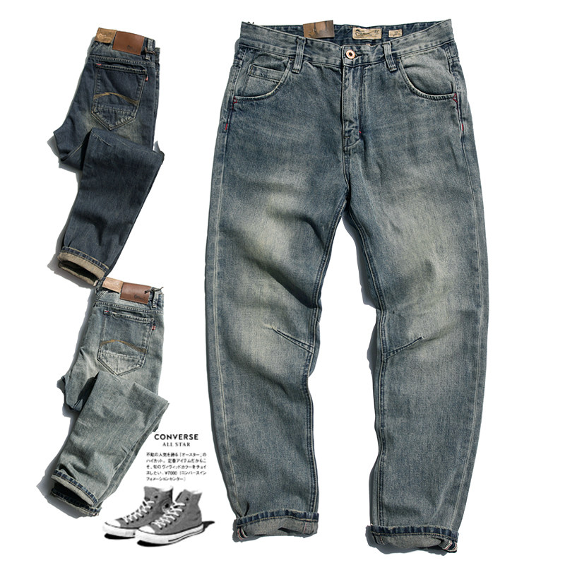 潮牌美式复古做旧小直筒牛仔裤男浅蓝色色百搭水洗磨白休闲长裤子