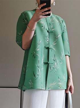 夏褶皱承欢记何赛飞妈妈同款上衣绿色竹子印花新中式国风盘扣衬衫