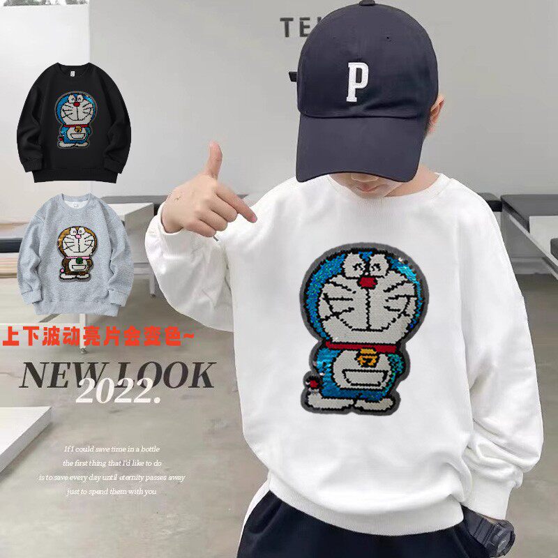 叮当猫翻转亮片变脸男童卫衣休闲款2026秋季宽松卡通儿童套头衣服