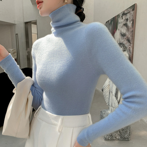 高领羊绒衫女100%纯山羊绒纯色套头毛衣秋冬堆堆领修身内搭针织衫