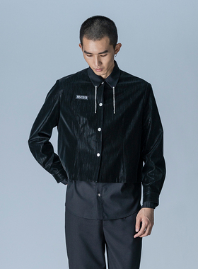 黑色圆领短款长袖烫钻流苏字母PU皮外套 Esa Liang梁冰琴原创设计