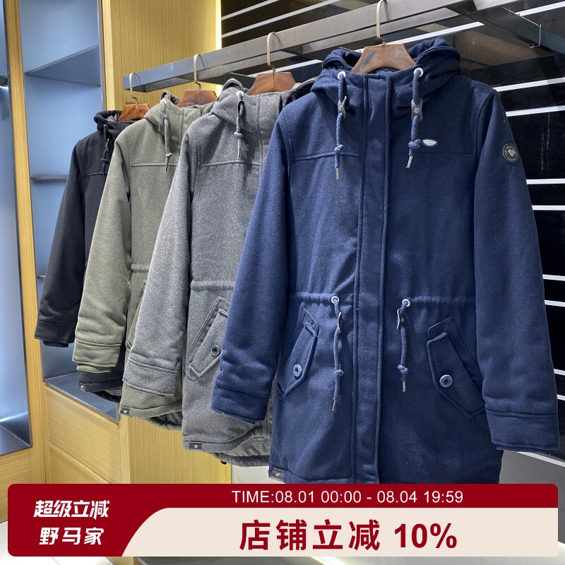欧单 复古防毛呢加厚保暖连帽抽绳收腰显瘦中长款棉衣棉服外套女