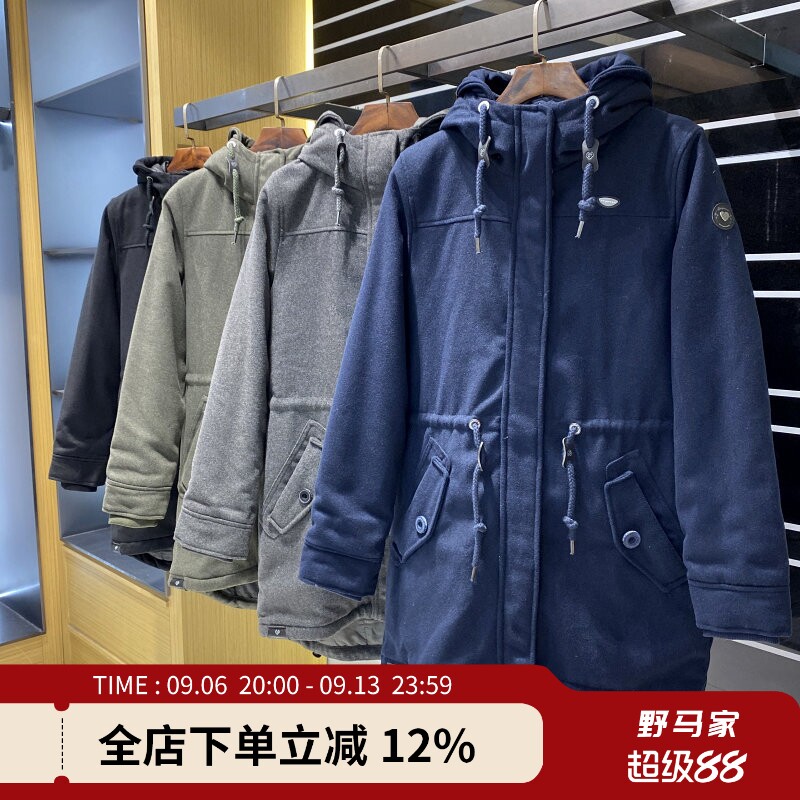 欧单 复古防毛呢加厚保暖连帽抽绳收腰显瘦中长款棉衣棉服外套女