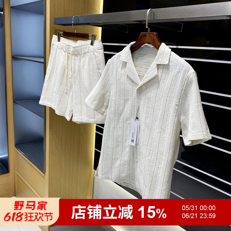 古巴领休闲短袖衬衫短裤套装男