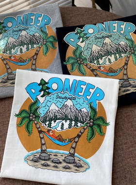 HK订单！线下499！水洗长绒棉磨毛圆领海岛度假风印花男女短袖T恤