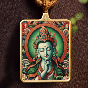 唐卡西藏绿度母吊坠佛牌项链小唐卡复古护身符挂件饰品男女画像