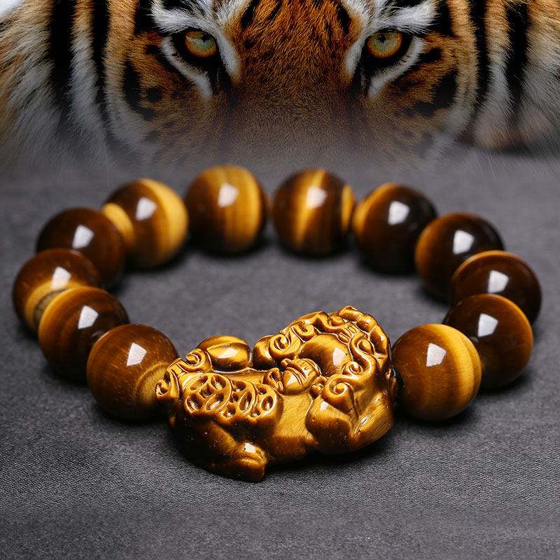 高档天然黄虎眼石貔貅手链男虎睛石手串女佛珠饰品礼物貔恘手饰