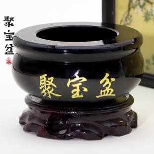 饰吉祥物家居饰品 天然黑曜石聚宝盆招财摆件客厅玄关财位装