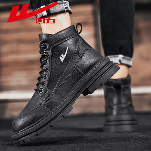 回力马丁靴男秋季2023新款靴子男鞋高帮休闲增高防水黑色工装皮靴