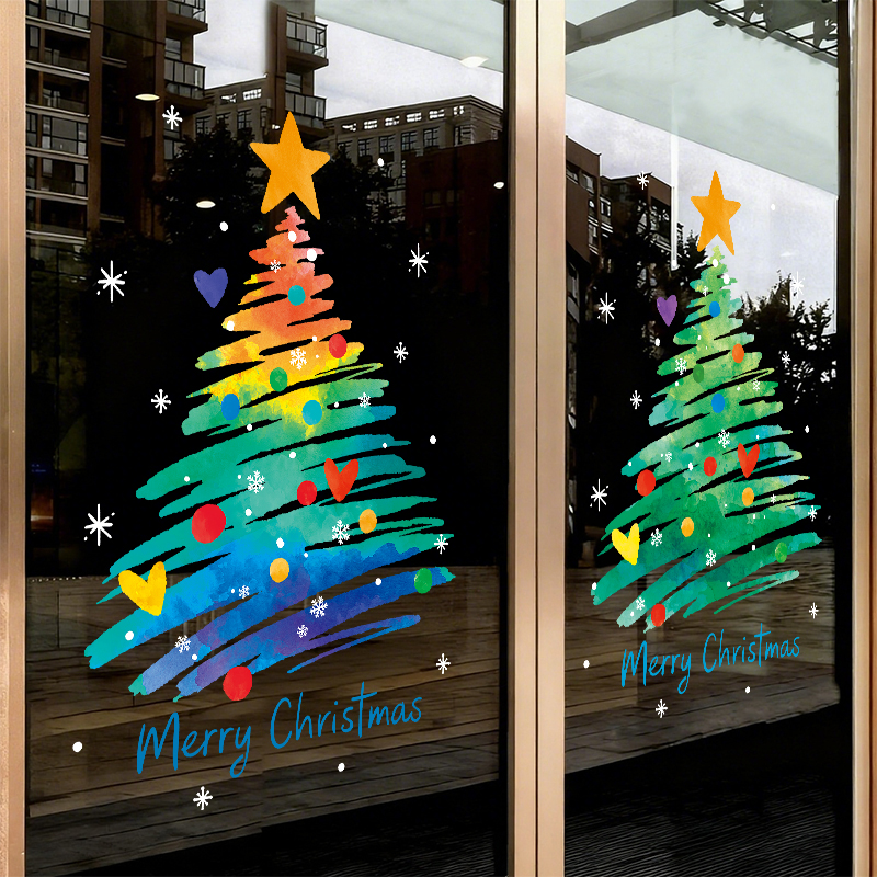 圣诞树静电贴门店店铺橱窗贴画圣诞节装饰氛围布置玻璃门贴纸窗花
