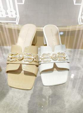 专柜正品RobeRta诺贝达女鞋RM247001 24夏轻奢饰扣方跟一字带拖鞋