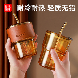 网红竹节杯吸管式玻璃杯咖啡杯小巧女水杯豆浆杯果汁杯带盖吸管杯