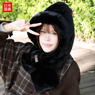 毛绒帽子围巾一体女款秋冬季女士防寒骑车冬天围脖2025新款护耳帽