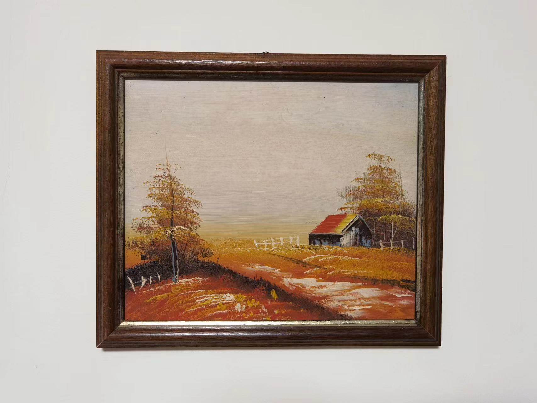 欧洲淘回德国 手绘乡村小路油画 中古孤品  实木画相框 客厅玄关