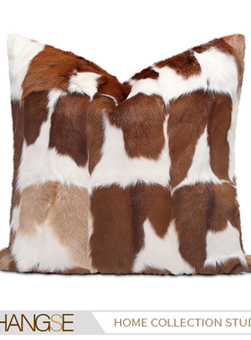 尚塞布艺样板房抱枕展厅轻奢棕色橙色白色短毛网红方枕小羊皮真毛