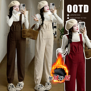 灯芯绒宽松小个子孕妇装 加厚束脚连体长裤 秋冬套装 孕妇加绒背带裤