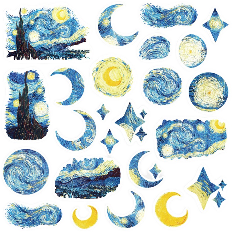 复古ins风梵高油画星月夜手账贴纸文艺星空手帐本咕卡小图案贴画