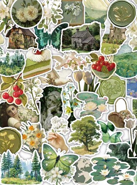 62张绿色油画贴纸田园ins风蝴蝶DIY手账行李箱日记电脑手机装饰