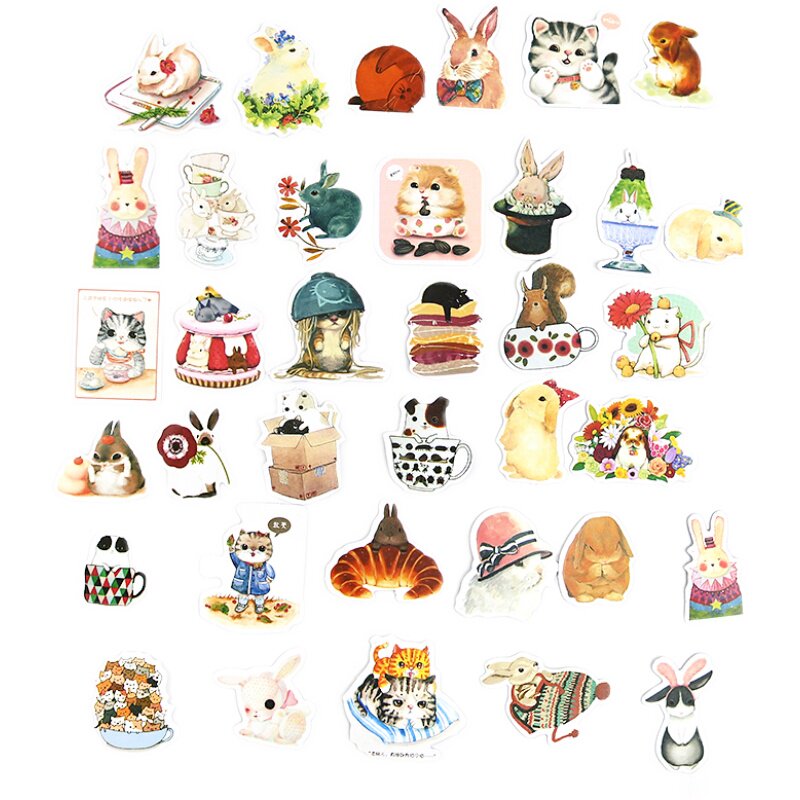 可爱动物兔子喵咪贴纸ins风手账本小图案手帐diy装饰素材咕卡贴画