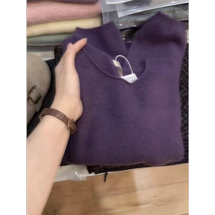七言家檀木紫卷边无缝插肩袖 软糯加厚毛衣女秋冬高级感洋气针织衫