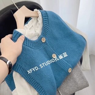 小朵家孔雀蓝高级感百搭毛衣马甲背心女圆领宽松显瘦针织开衫马夹