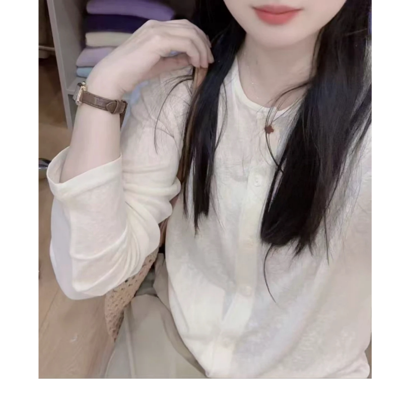 七言家韩系麻感贝壳扣夏季薄款圆领开衫女宽松显瘦长袖外搭防晒衫