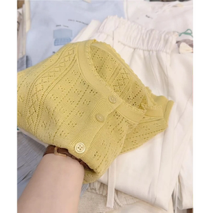 七言家柠檬黄镂空短袖针织衫女夏薄款宽松显瘦轻薄透气圆领上衣女