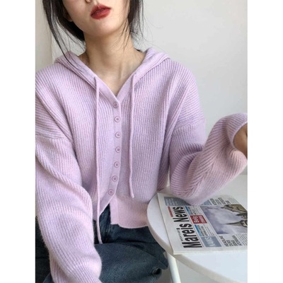 紫色短款连帽毛衣外套开衫女长袖针织衫小个子上衣春秋2025年新款