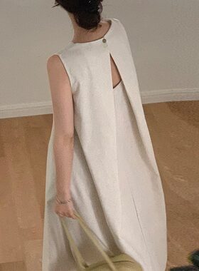 法式气质无袖背心连衣裙子女夏季2026新款高级感露背宽松杏色长裙