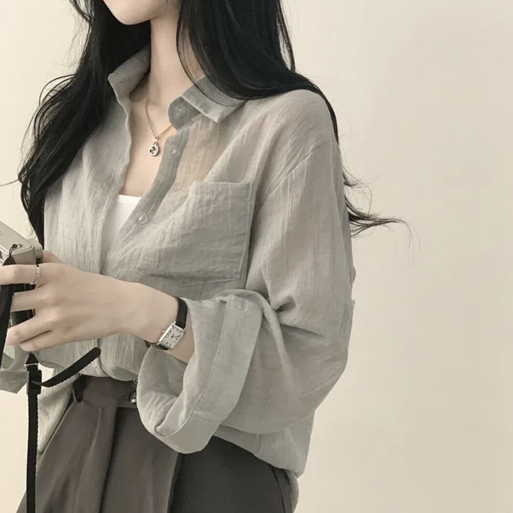 韩国chic夏季新款冰淇淋色系皱皱感设计宽松长袖防晒衬衫上衣女