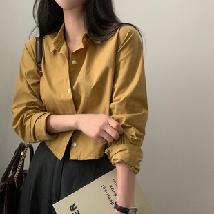 女长袖 韩国chic春秋法式 衬衫 纯色短款 宽松休闲打底衬衣 小众基础款