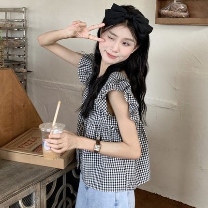 法式甜美格子小飞袖衬衫女夏季无袖娃娃衫小个子独特别致短款上衣