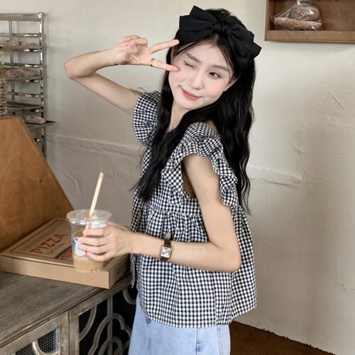 法式甜美格子小飞袖衬衫女夏季无袖娃娃衫小个子独特别致短款上衣