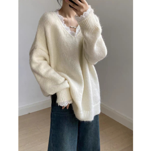 蕾丝花边毛衣女冬季中长款慵懒高级感针织衫宽松软糯温柔打底上衣