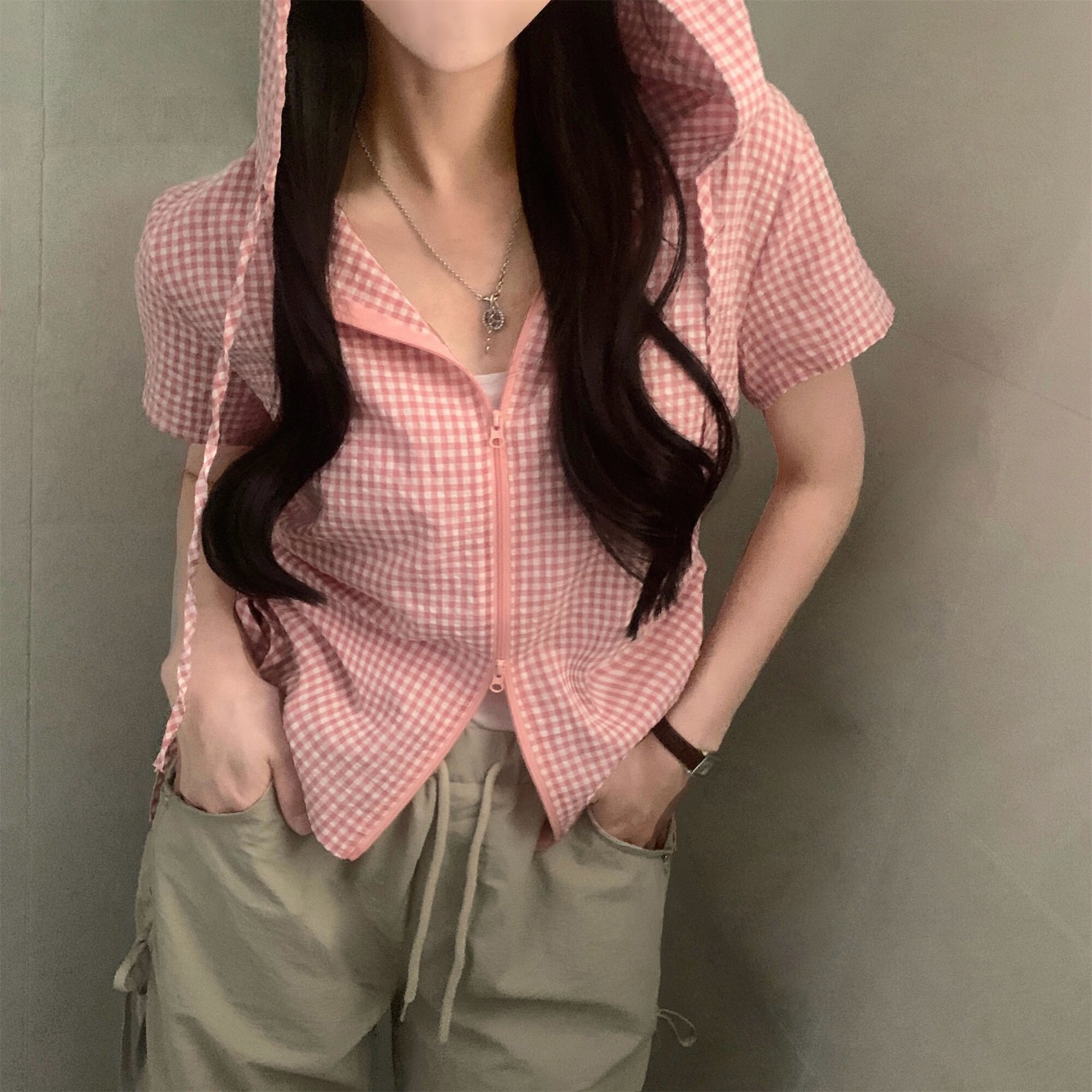 韩国甜酷个性连帽格子短袖上衣女夏季短款侧抽绳收腰拉链开衫外套