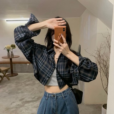 长袖衬衫短款格子小个子