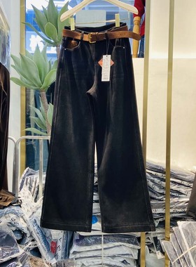 韩氏伊人女裤2025冬季新款HS8073加绒加厚阔腿裤保暖牛仔休闲筒裤