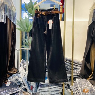 韩氏伊人女裤2025冬季新款HS8073加绒加厚阔腿裤保暖牛仔休闲筒裤