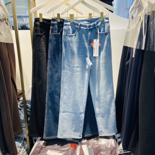 韩氏伊人女裤2025冬季新款HS8006加绒阔腿裤加厚保暖牛仔窄版筒裤