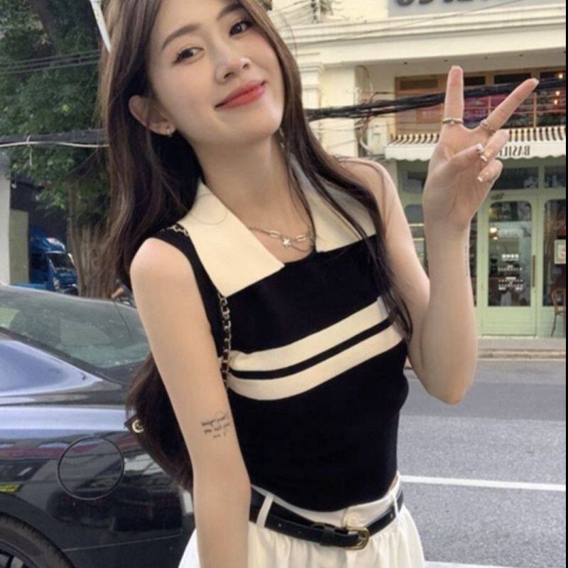 针织吊带背心女夏季新款Polo领无袖T恤设计感显瘦外穿打底衫上衣