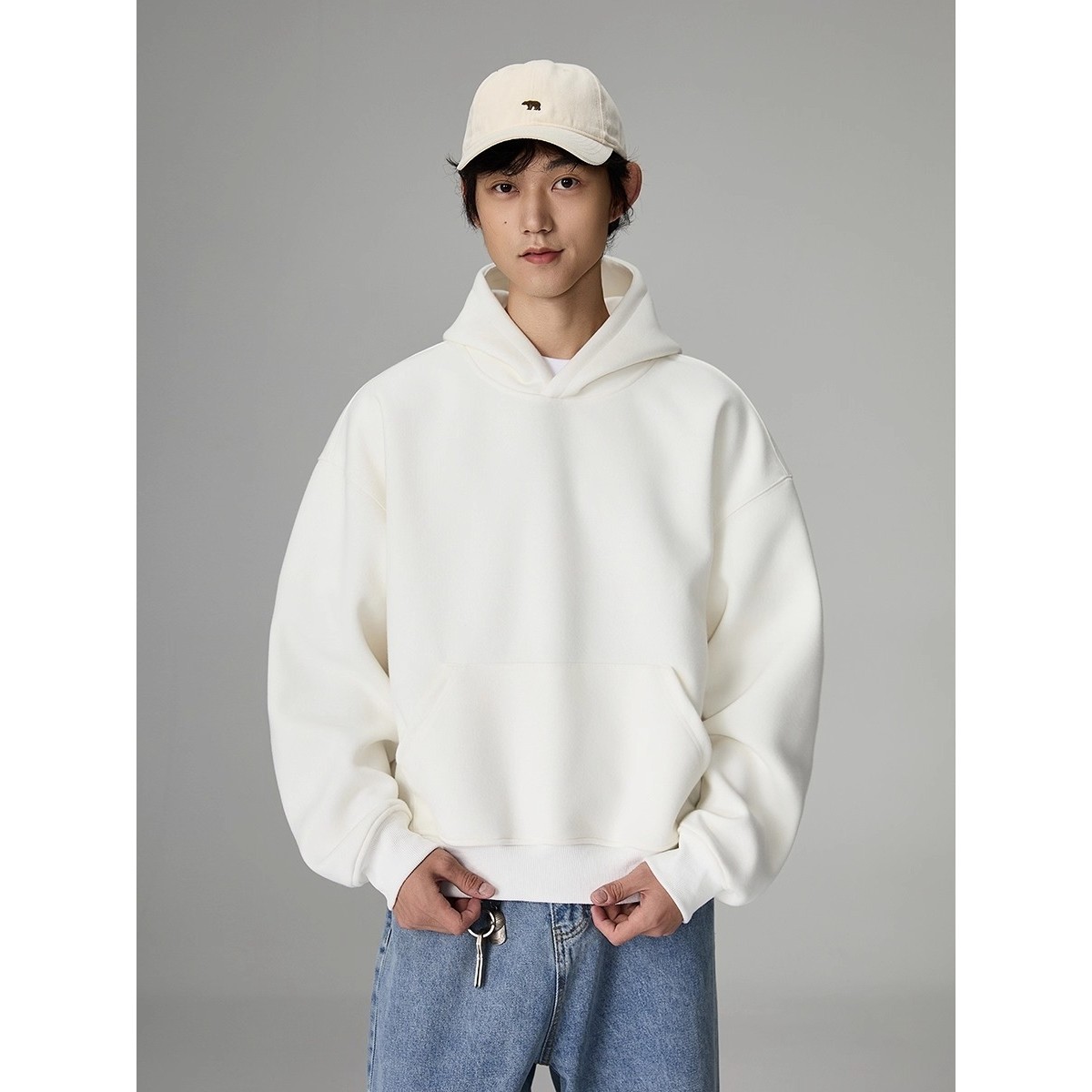 BOLM秋冬季美式重磅boxy连帽卫衣男女纯白色短款宽松帽衫加绒加厚