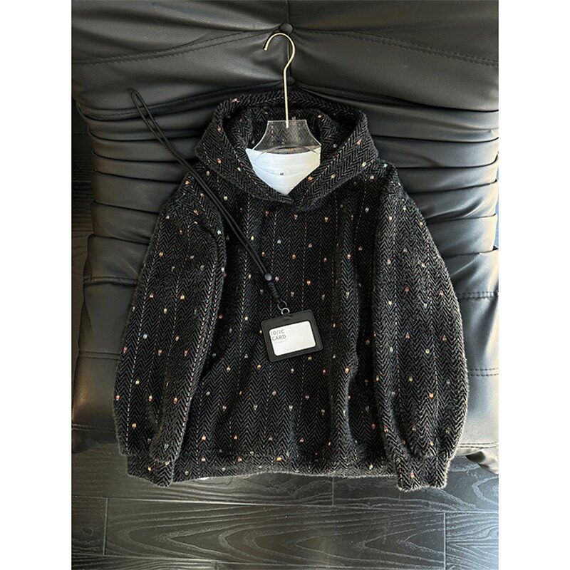 小香风七彩格子针织帽衫男款秋冬美式重磅加绒卫衣慵懒高级感外套