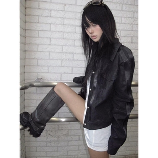 囚鸟 noE mosen 血管纹皮质夹克外套正肩短宽银黑色皮外套